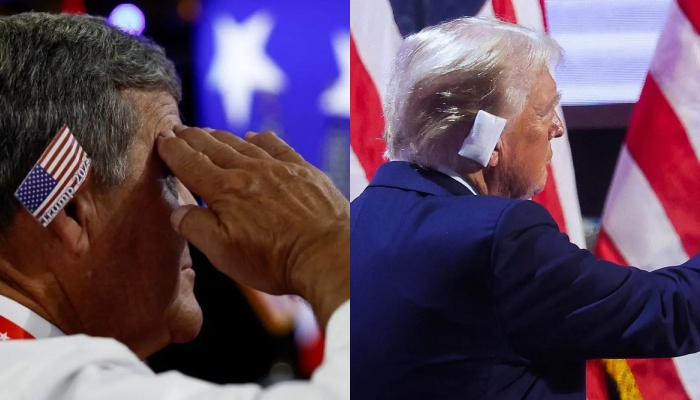 Perban telinga ala Trump menjadi tren fashion pasca penembakan Mantan Presiden AS, Donald Trump dalam kampanye terbuka di Pennsylvania pada Sabtu (13/7/2024) Waktu setempat. (Foto: Pendukung dan Donald Trump/Antara)