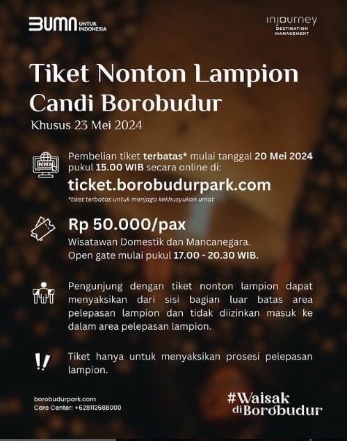 Informasi mengenai harga tiket pelepasan lampion di acara Waisak 2024 di Candi Borobudur, Magelang, Jawa Tengah. (FOTO: IG @borobudurpark)