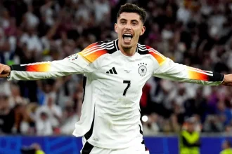 Selebrasi Kai Havertz setelah gol ketiga bagi jerman. (Foto: Jerman vs Skotlandia/Euro 2024)
