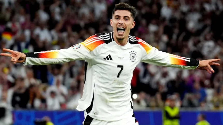 Selebrasi Kai Havertz setelah gol ketiga bagi jerman. (Foto: Jerman vs Skotlandia/Euro 2024)