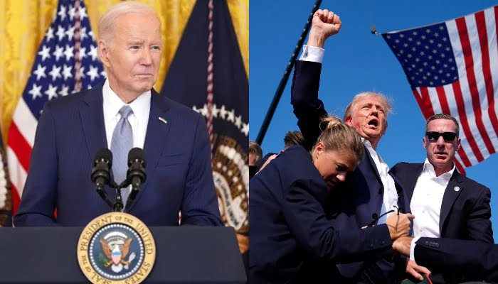 Presiden AS Joe Biden menanggapi insiden terjadinya penembakan Donald Trump saat kampanye umum di Butler, Pennsylvania pada Sabtu (13/7/2024) waktu setempat. (Foto: Joe Biden dan Donald Trump)