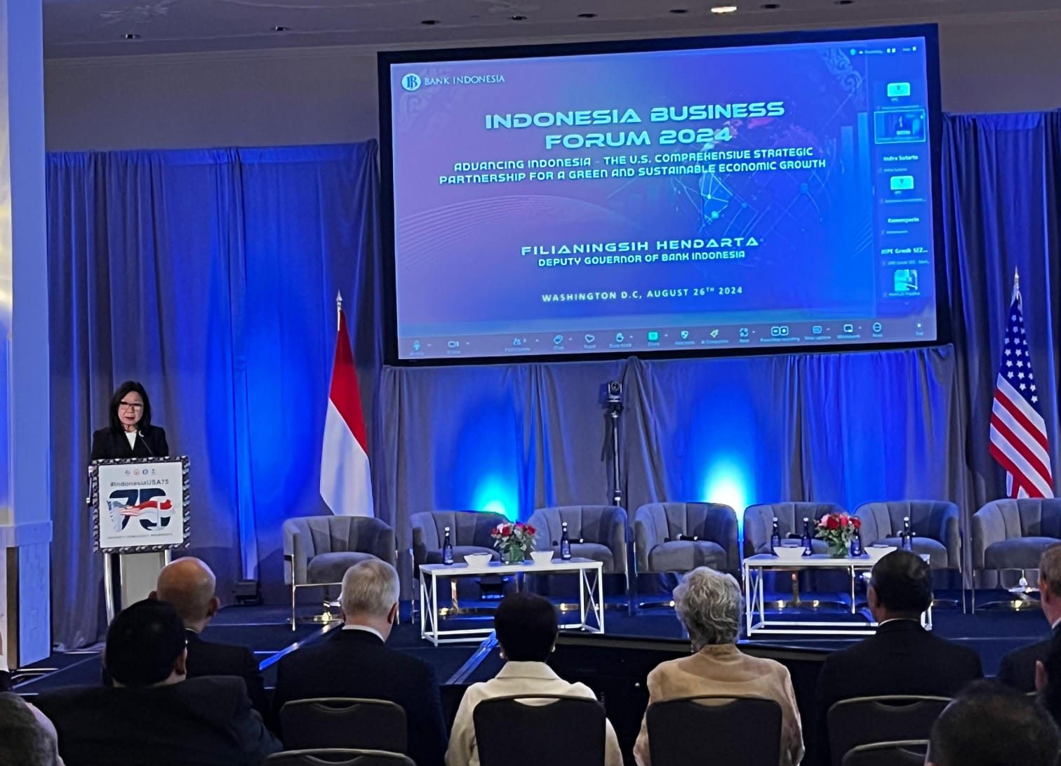 Deputi Gubernur BI, Filianingsih Hendarta dalam ajang Indonesia Business Forum" di Washington D.C., Amerika Serikat (AS) pada 26 Agustus 2024. (INVERSI/Dok BI)