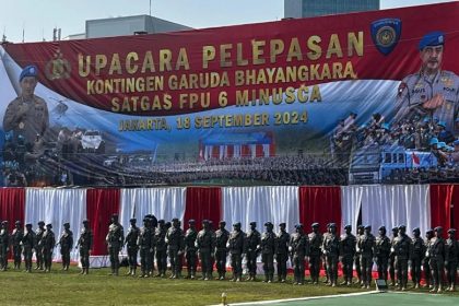 Upacara pelepasan Satgas Garuda Bayangkara FPU 6 Minusca di Jakarta, Rabu (18/9/2024). (FOTO: Humas Polri).