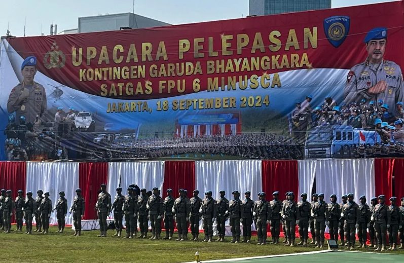 Upacara pelepasan Satgas Garuda Bayangkara FPU 6 Minusca di Jakarta, Rabu (18/9/2024). (FOTO: Humas Polri).